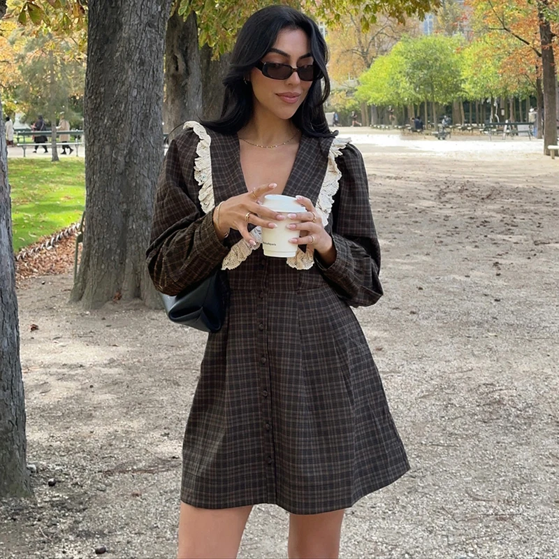 Women's Casual Plaid Mini Dress with Lace Detail - 2026 Collection