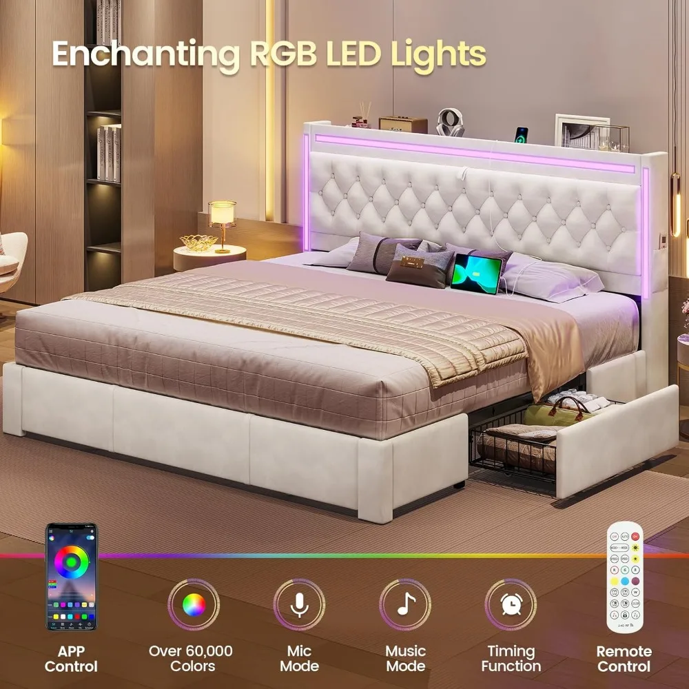 إطار سرير منجد بإضاءة LED مقاس كينج مع 3 أدراج تخزين، لوح رأسي للتخزين المخفي مع محطة شحن، زر مخملي معنقدة #5