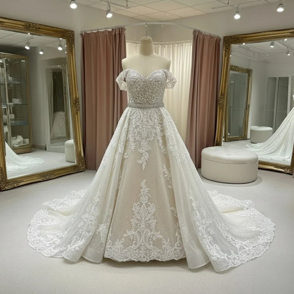 

Роскошное свадебное платье с открытыми плечами 2026 года, с блестящими кружевными аппликациями, бальное платье, расшитое бисером, свадебное платье Vestido De Noiva, фасон «Принцесса» с шлейфом «Катедральный»