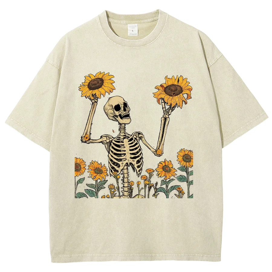 Skull Sunflower Print Fashion Design T-Shirt Teen Student Oversized Loose Short Sleeve High Street Hip Hop Top Summer 2024