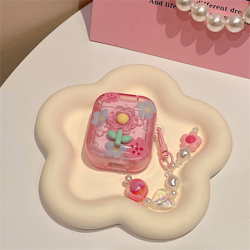 Cute 3D Flower Pink Headphones Case For AirPods 1 2 3 With Love Heart Bead Pendant Protective Shell Soft Cover For AirPods Pro 2