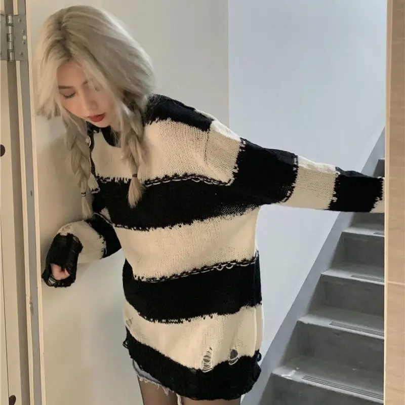 Sweater Pullovers Women Autumn Winter Female Sexy Striped Long Sleeve Knit Streetwear Y2K Vintage Hollow Out Loose Hole Gothic