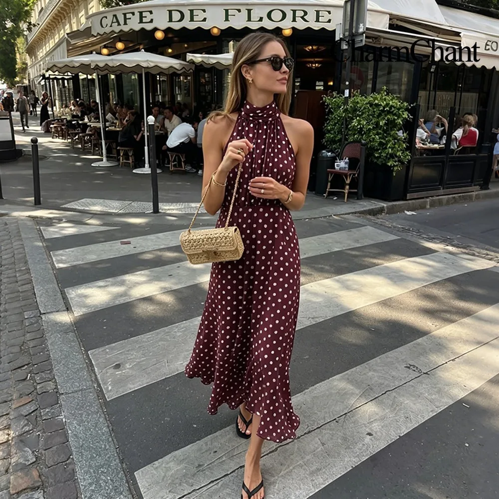 Vestido Midi CHARMCANT para Mujer, Color Borgoña con Puntos, Cuello Halter, Espalda con Lazo, Estilo Francés Vintage, Elegante, para Vacaciones, Verano 2026