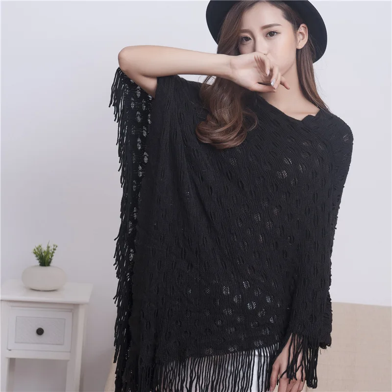 

2022 Spring Autumn New Double-layer Irregular Shawl Hollowed Out Tassel Lattice Cloak Versatile Loose Pullover Poncho Black