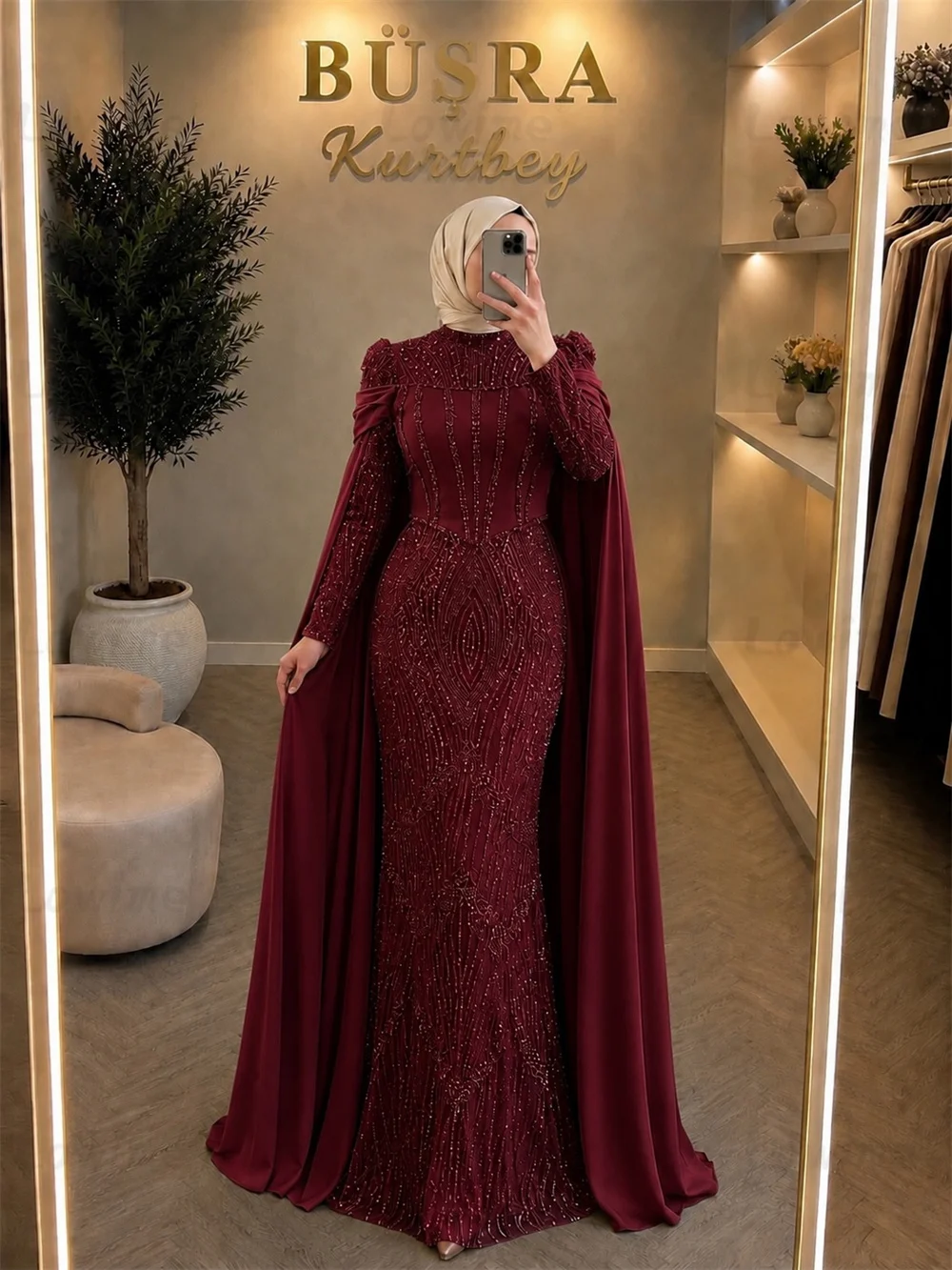 Maßgeschneidertes Burgunderrotes Abendkleid mit Langen Cape-Ärmeln, Formelle Anlässe Partykleider, Perlenbesetzte Marineblaue Salbeigrüne Ballkleider 2026