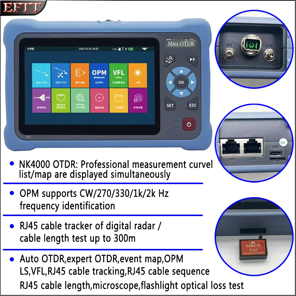 NK4000 Mini OTDR 1310/1550nm Fiber Optic Reflectometer VFL OLS OPM Event Map Ethernet Cable Tester Support Active Fiber Tester