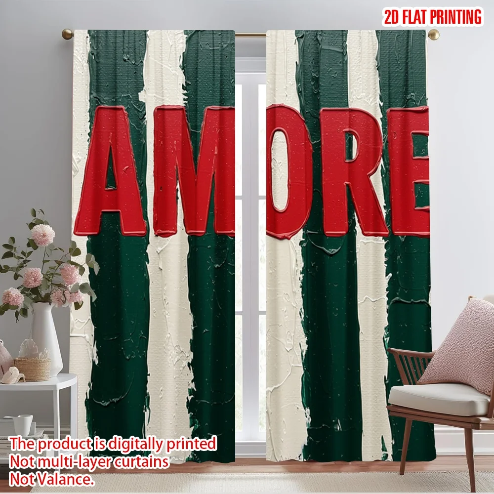 

2pcs 2D flat printing Scene Curtains AMORE GREEN WHITE 100% Polyester Without Electricity Birthday Party for Bedroom Office