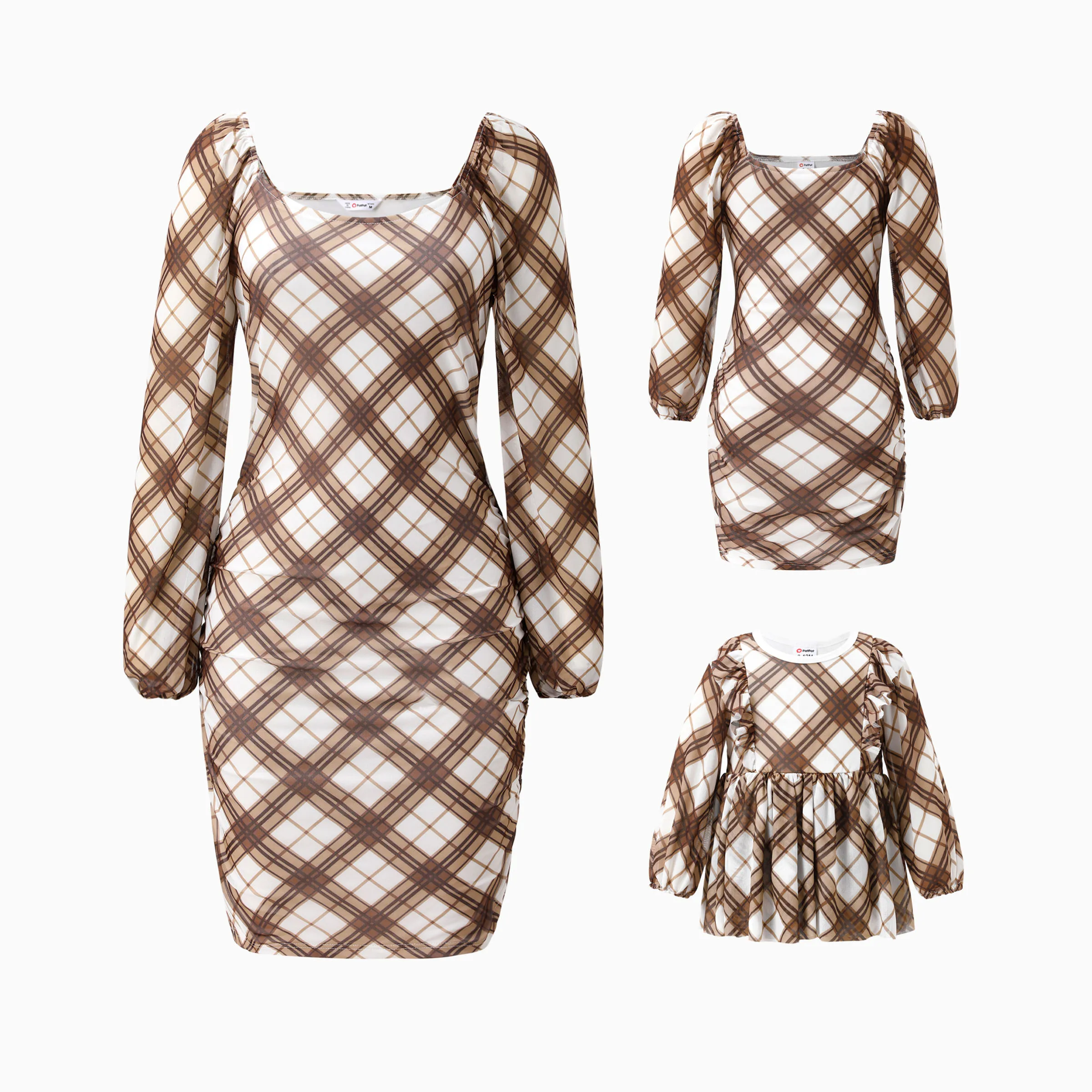 PatPat Mommy and Me  Dress Chic Long Sleeves Brown Diagonal Plaid Pattern Bodycon