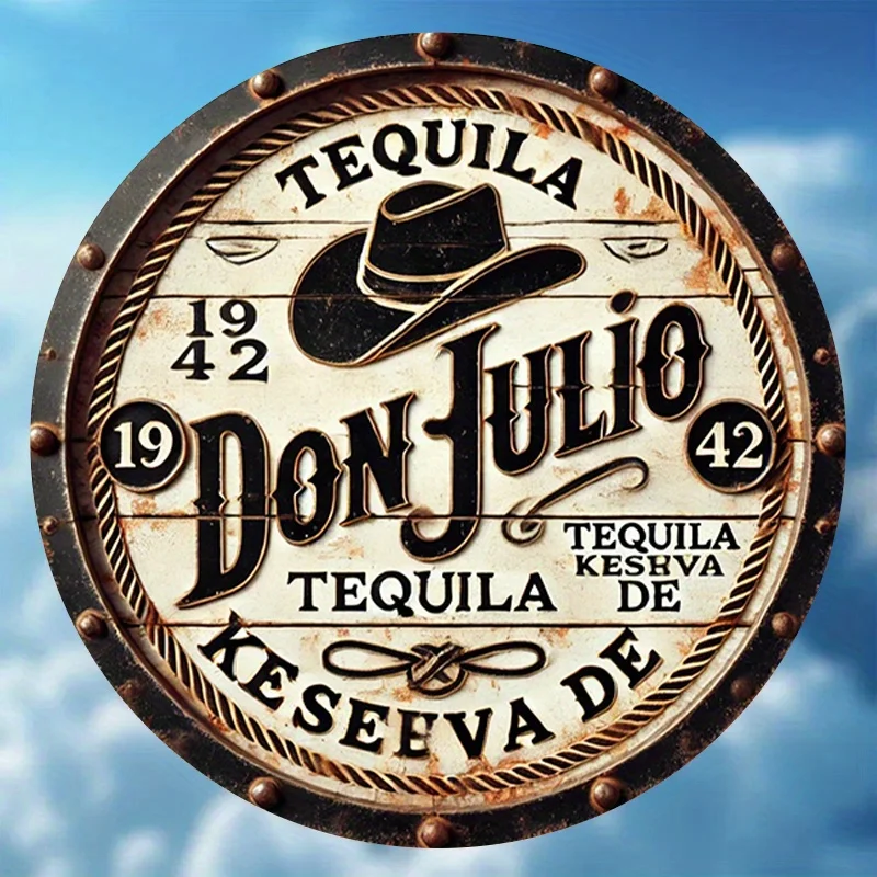 

Vintage Tequila 8" Round Metal Sign with Black Cowboy Hat - Perfect Home Decor for Bars, Cafes, Clubs & Dorms