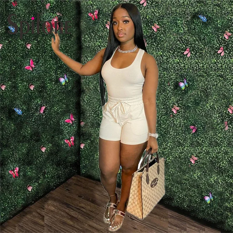 

Spifore Summer Casual Two Piece Set For Women Sleeveless Off Shoulder Tanks Top Elastic Waist Pockets Shorts Sportswear Outfits