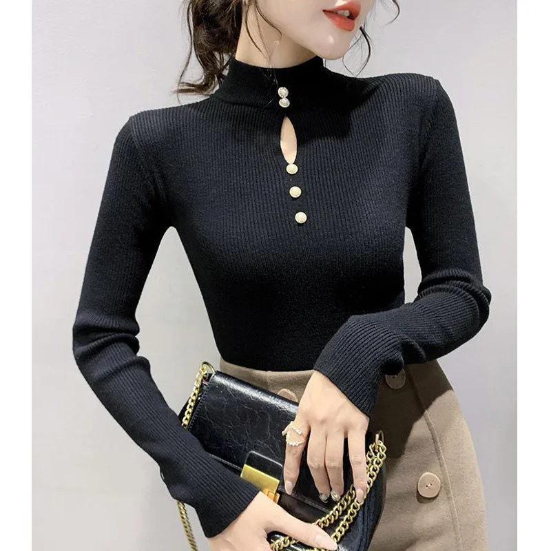 Autumn Winter Korean Basic Top Female Sexy Hollow Chic Elegant Slim Pullover Knitted Sweater Long Sleeve Women's Clothing Jumper