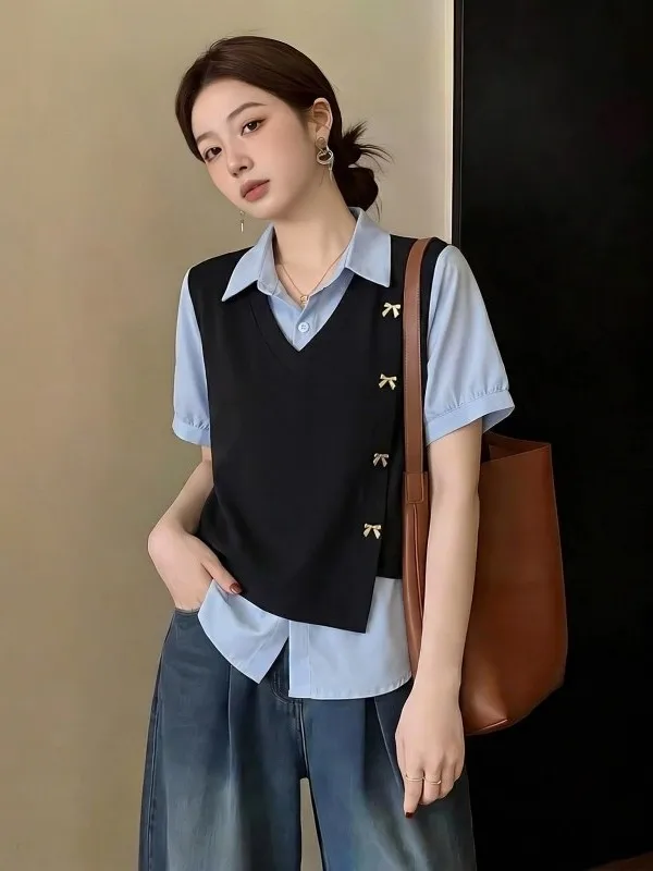 

plus Size Blue Short Sleeve Shirt Women's Fashion Shoulder Line Korean Style Commute Wind Regular Fit Short Shirt Summer New