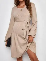 Vestido de maternidad de punto Jacquard para mujer, manga hinchada con cinturón, ropa de embarazo para primavera y otoño