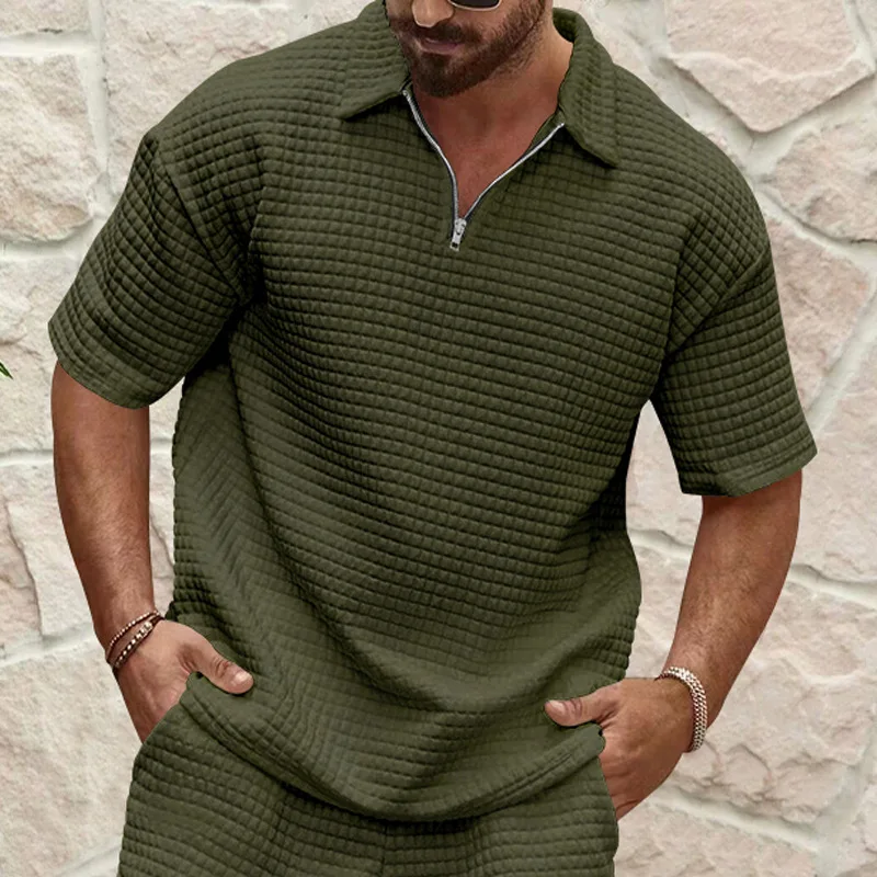 2024 summer new men\'s casual and comfortable small square solid color lapel sports short sleeves