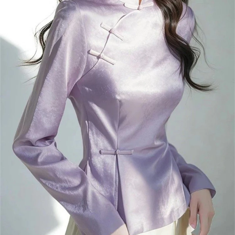 2025 Spring Purple Satin Shirt Women's New Chinese Style Cheongsam Blouse Slanted Collar Frog Buttons Elegant Retro Qipao Top