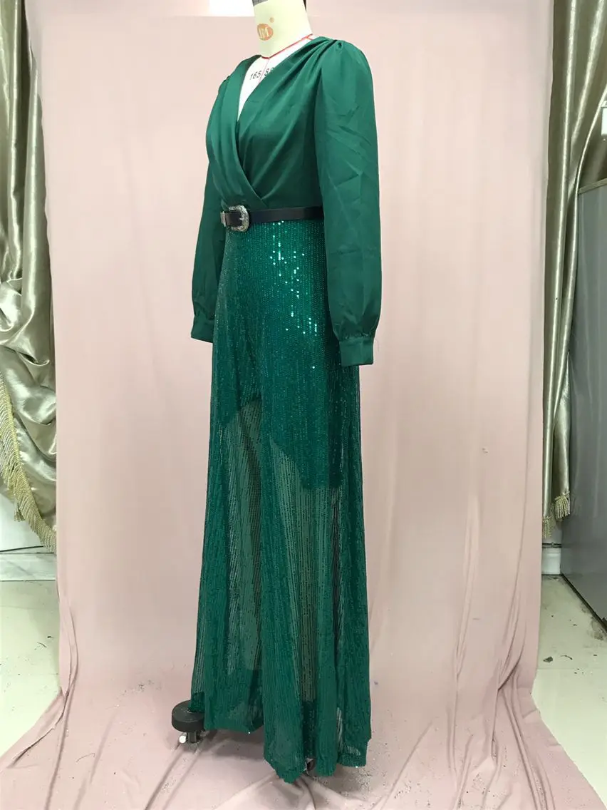 jumpsuit Women Spring Autumn, High-end V-neck Long Sleeved Shirt, Elegant Temperament, Cinched Waist, Sequins, French Wide Legs