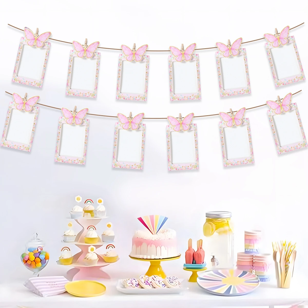 Pink 1st Birthday Photo Banner Garland 12 Months Photo Frame Banner Butterfly Unicorn Donut One Year Old Birthday Party Supplies