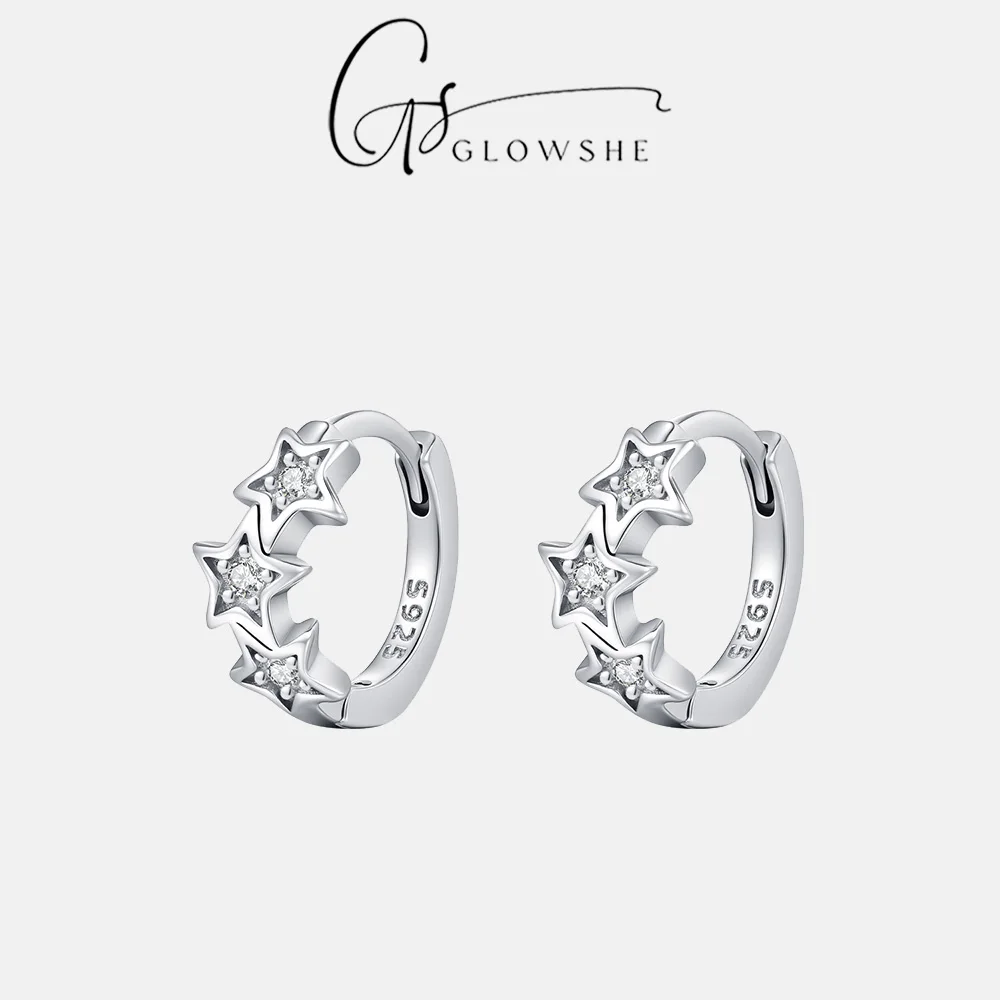 

Серьги-кольца Glowshe из 100% стерлингового серебра 925 пробы с тремя звездами из циркона, изящные гипоаллергенные ювелирные изделия для женщин, подарок на каждый день
