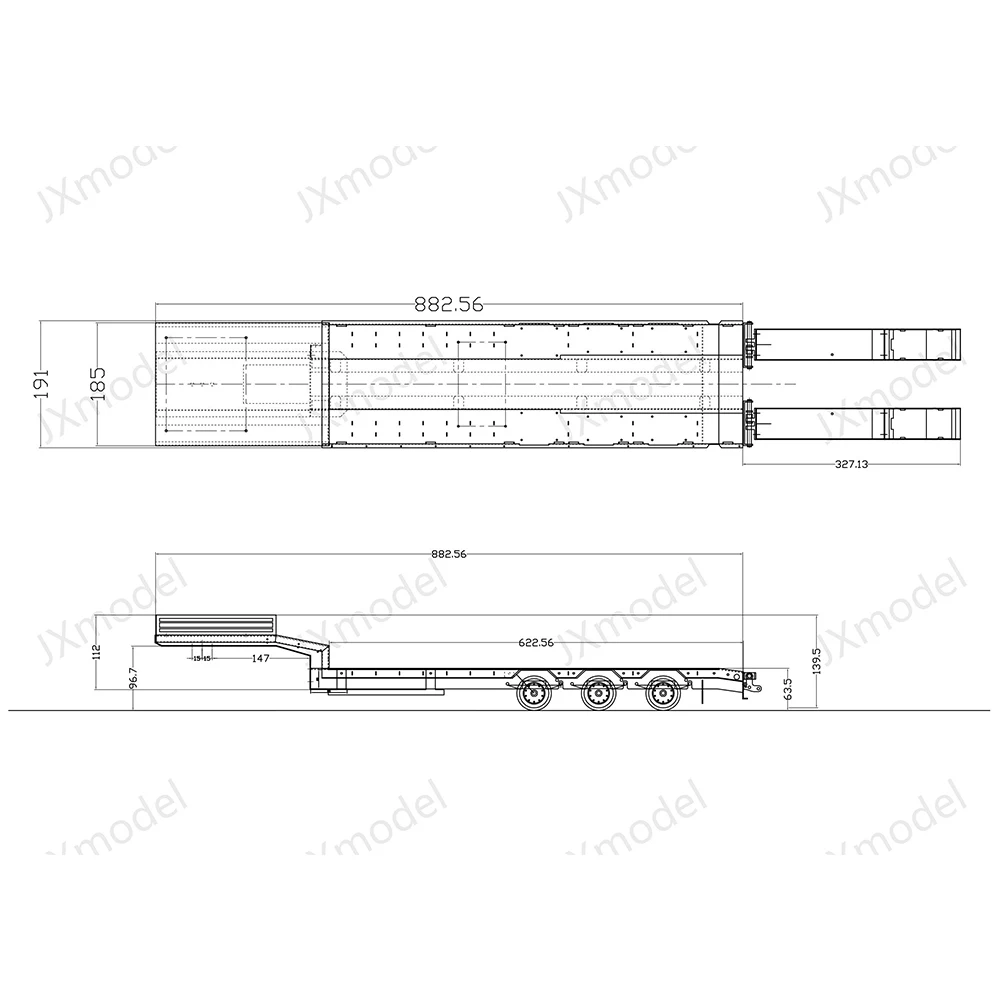Modelo JX de Metal de 3 ejes, tablero trasero de cama baja, semirremolque, Panel de madera, cilindro decorativo para Tamiya 1/14, camión Tractor de control remoto, modelo de juguete