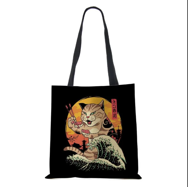 Cute Cat Tote Bag Japanese Sushi Cat Canvas Tote Bag Casual Fashion Versatile Shoulder Bag Grocery Bag for Women Girls Black view 2