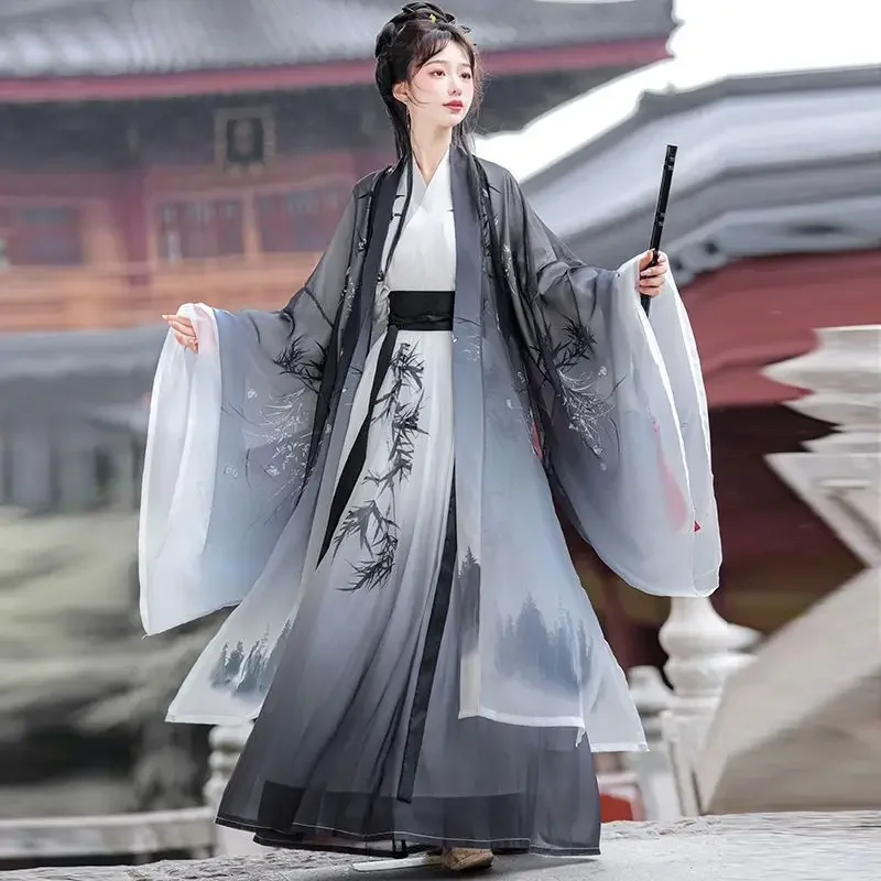 

Chinese Hanfu Dress Women Cosplay Costume Ancient Traditional Vintage Song Dynasty Gradient Gray White Printed Summer Hanfu Sets