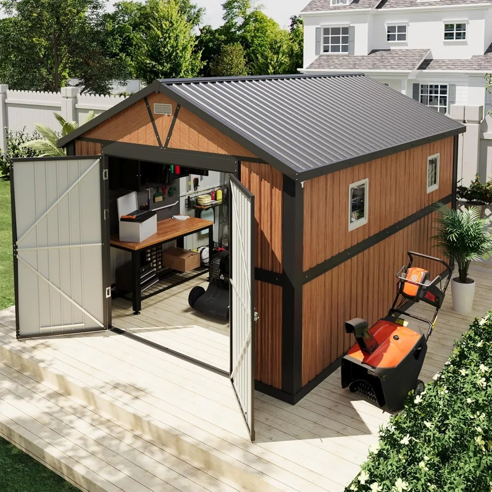 

10x12 Ft Outdoor Storage Shed, Metal Garden Shed with Lockable Doors and Windows, Large Tool Shed