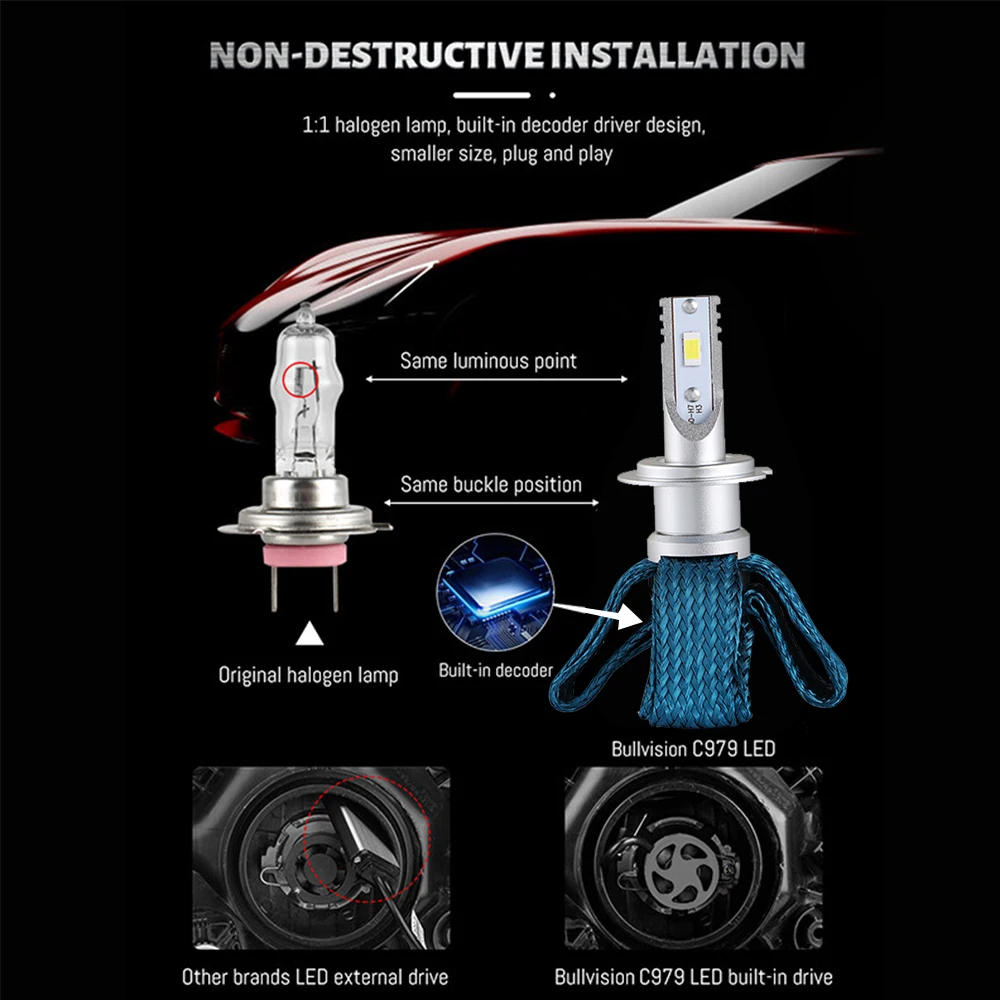 Auto Kit LED H7 6500K 6000LM H1 H8 H3 H8 H11 9005 HB4 H13 Car Led Bulbs Fanless 5S LED Headlight 40W H4 Bulb Bright lamp Light image 3