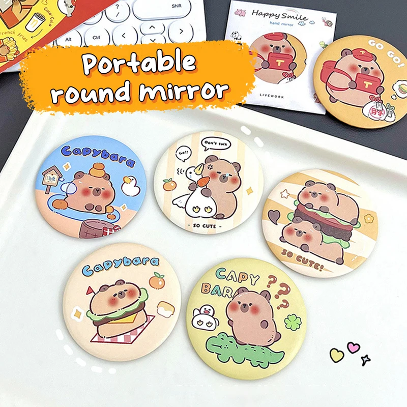 Portable Cute Round Small Mirror Cartoon Capybara Makeup Mirror Simple Pocket Compact Single-sided Makeup Mirror Small Gifts