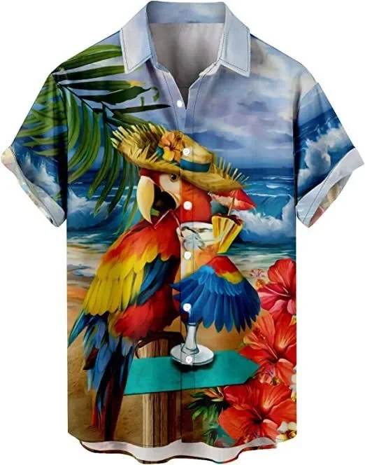 Hawaiion-camisas con estampado 3D de loro para hombre, camisa de manga corta hawaiana con solapa, informal, de un solo pecho, a la moda, para fiesta y vacaciones