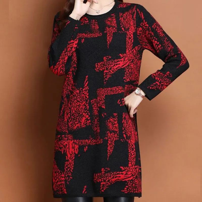 Female Clothing Casual Printed Midi T-shirt Vintage O-Neck Autumn Winter Long Sleeve Korean Loose All-match Spliced Pullovers