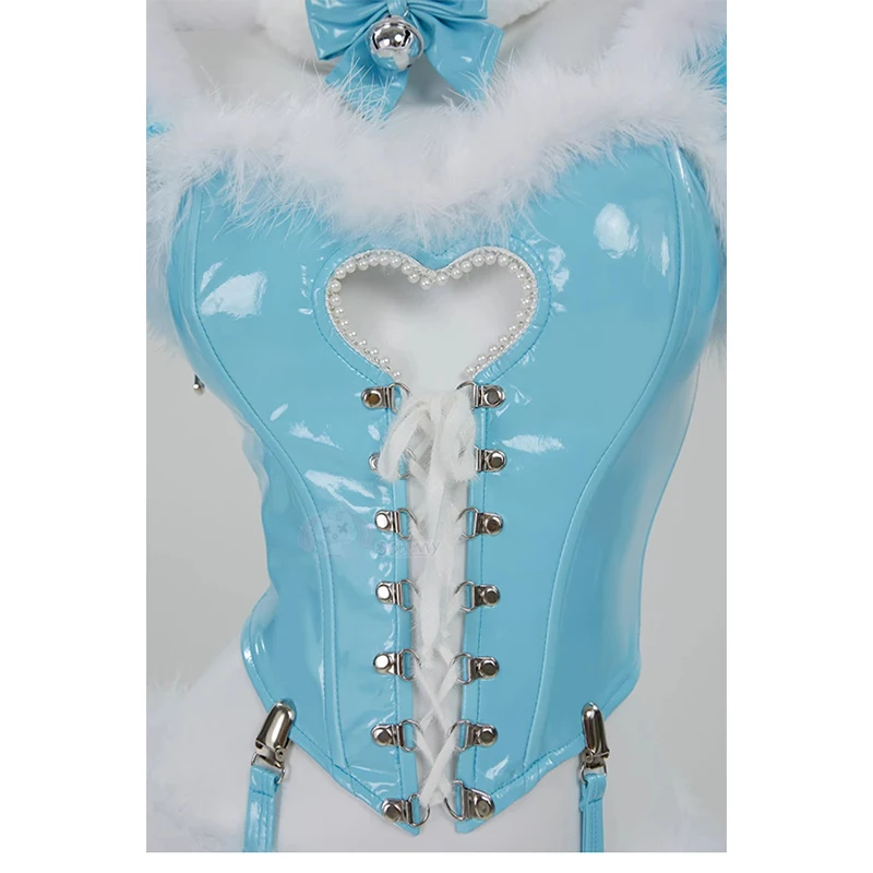 Women Lingerie Set Winter Christmas Blue White Furry Heart Hollow Top and Panty with Cloak Cosplay Costume