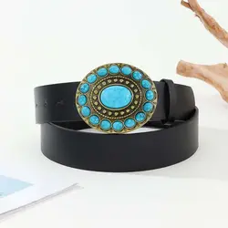 Beaded PU Leather Belt Ethnic style Blue Stone Korean Style Waistband Dress Decor Jeans Trouser Decor Wide Side Waist Belt
