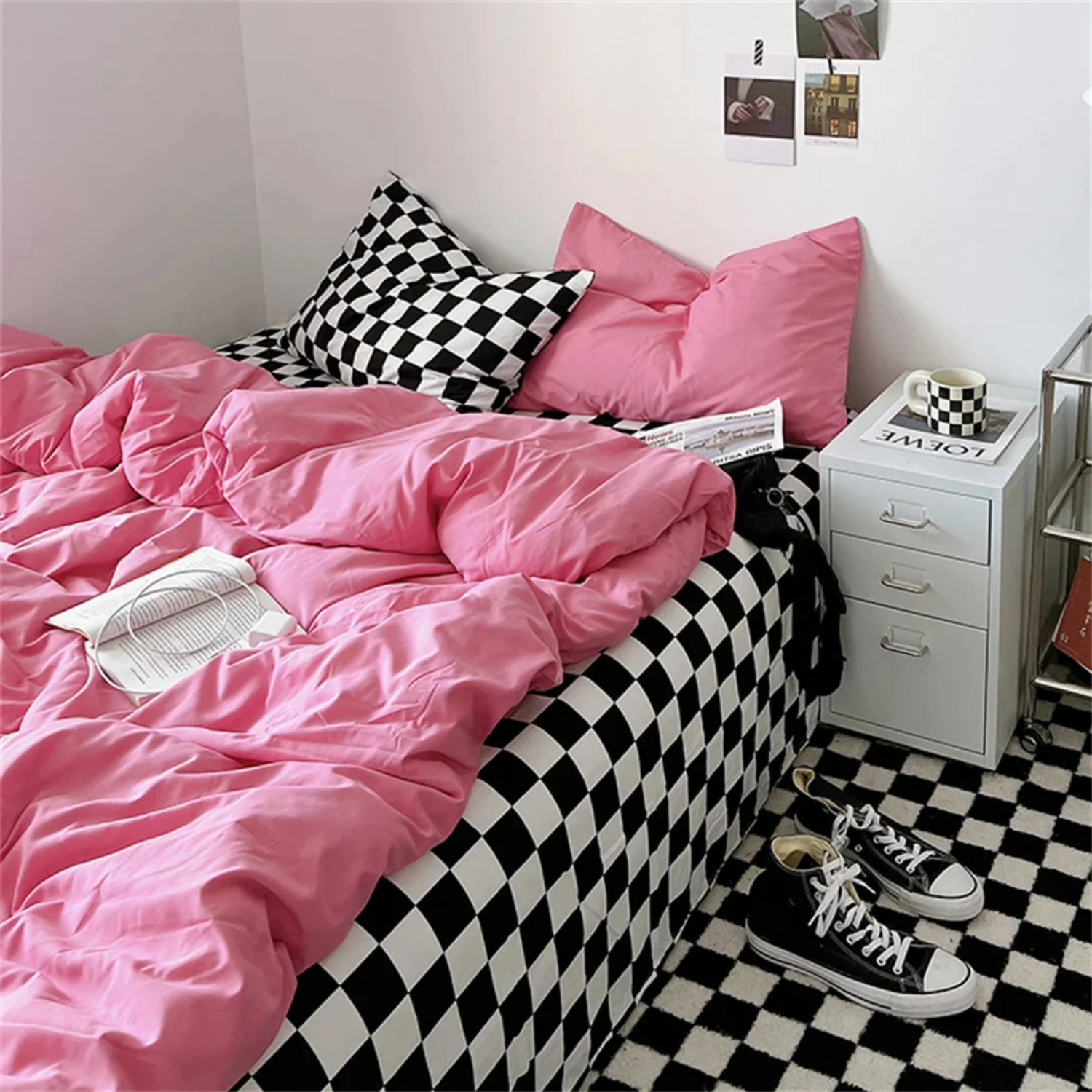 

INS Checkerboard Bedding Comforter Set with Pillowcase Bed Sheet Single Full Size Plaid Bed Linen Girls Purple Duvet Cover