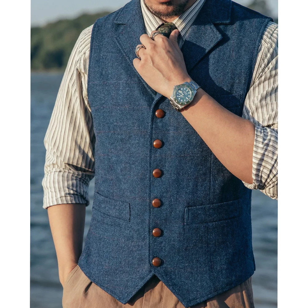 

IN STOCK Men's Waistcoat Herringbone Tweed Plaid V Neck Men's Bussiness Vest Wedding for Tuxedo
