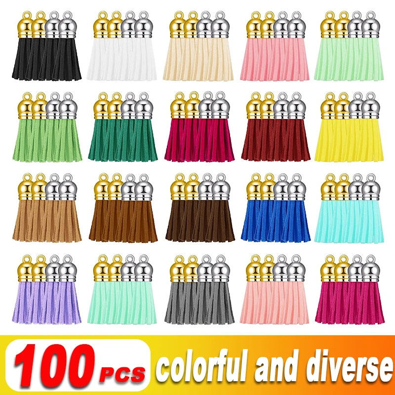 

100Pcs 36mm Gold Silver Suede Faux Leather Tassels Keychain Phone Straps DIY Pendant Charms Bulk Jewelry Craft