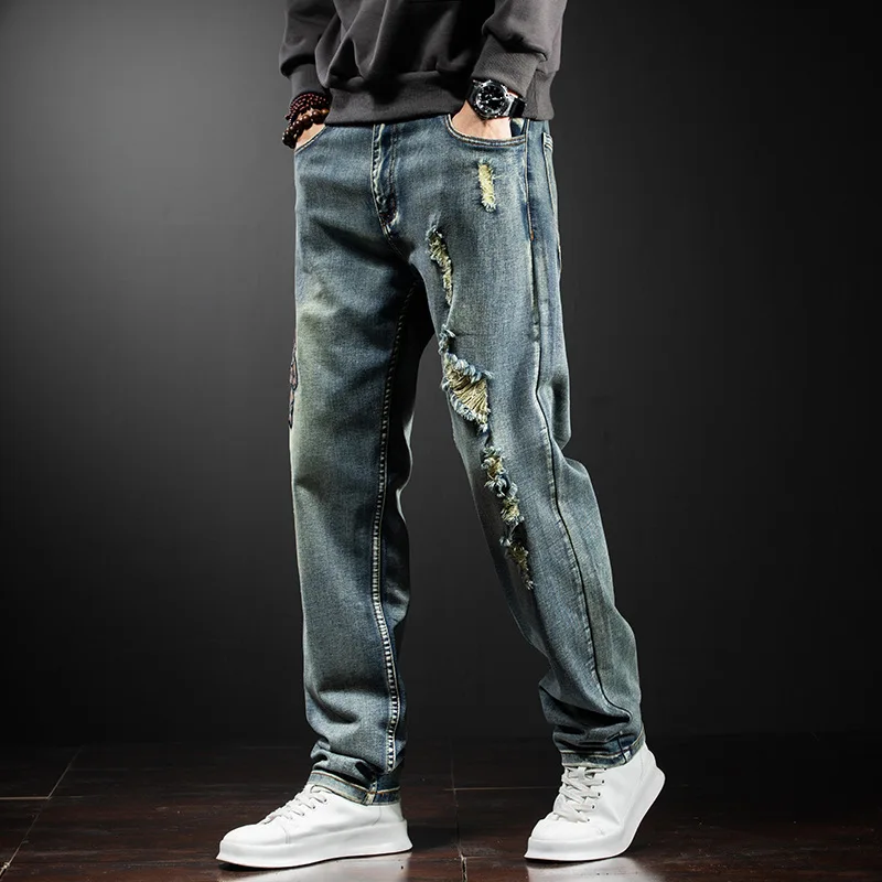New Embroidered Distressed Jeans Men's Stretch Plus Size Vintage Denim Pants European American Trendy