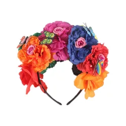 Mexican Halloween Headband Women Day Of The Dead Fake Red Rose Flowers Butterfly Hair Band Party Cosplay Hair Accessories 1PCs
