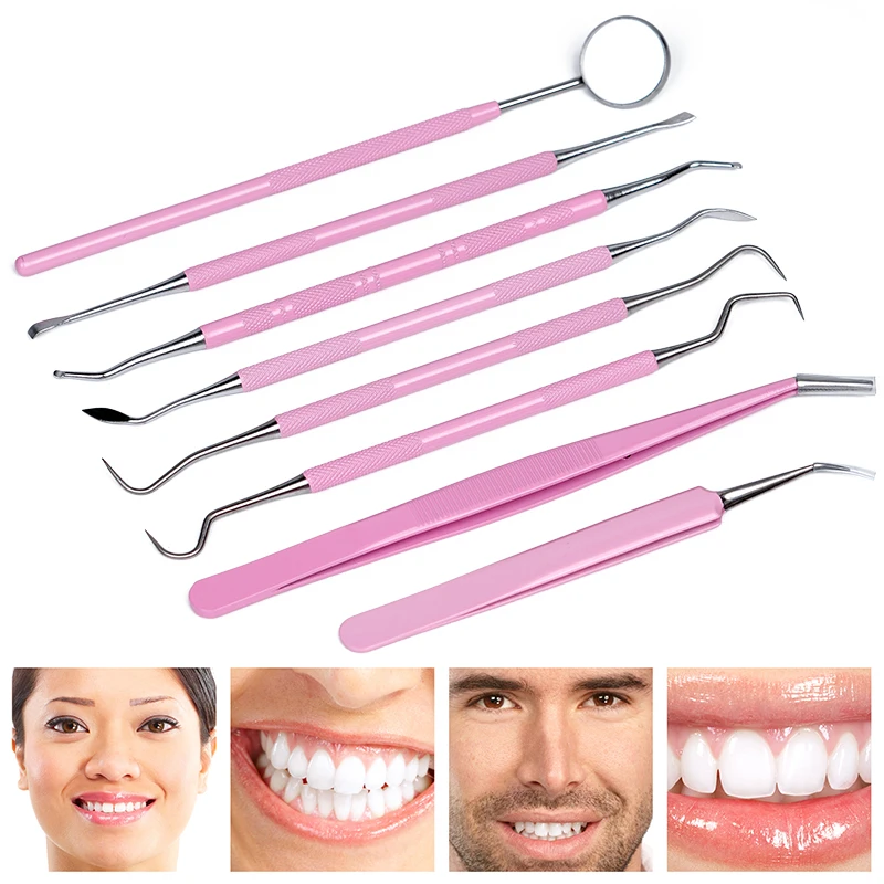 Kit de limpieza de herramientas bucales de dentista, pinzas de espejo de boca rosa, doble sonda, hoz, escalador, instrumento de dentistería, 8 Uds.