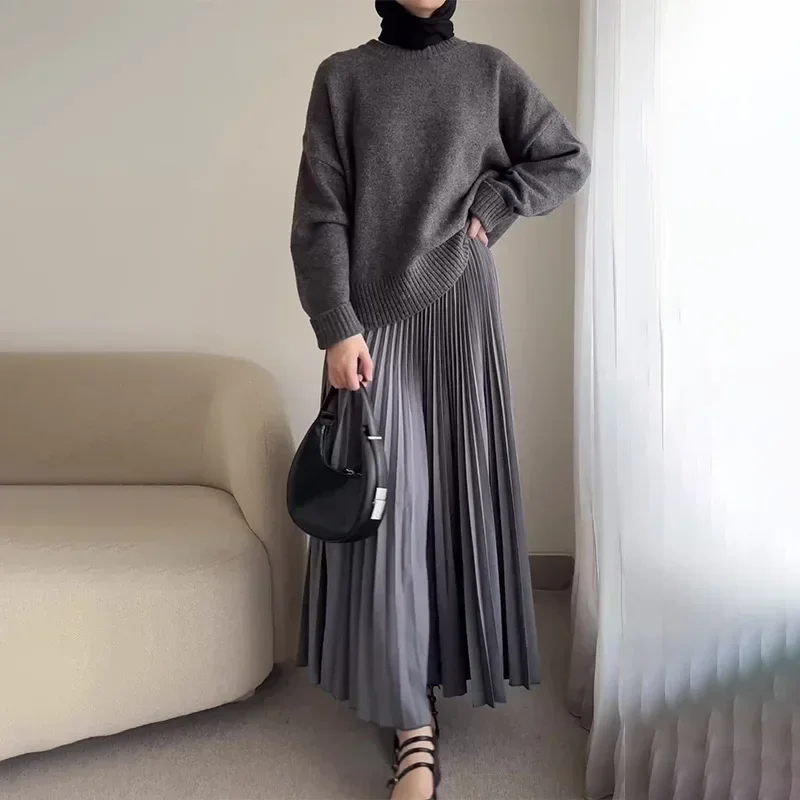 Muslim Women Knitting Two Piece Suit Pullover Sweater Pleated Skirt Ensemble Autumn Winter Knitted Outfits Modest Skirts Sets