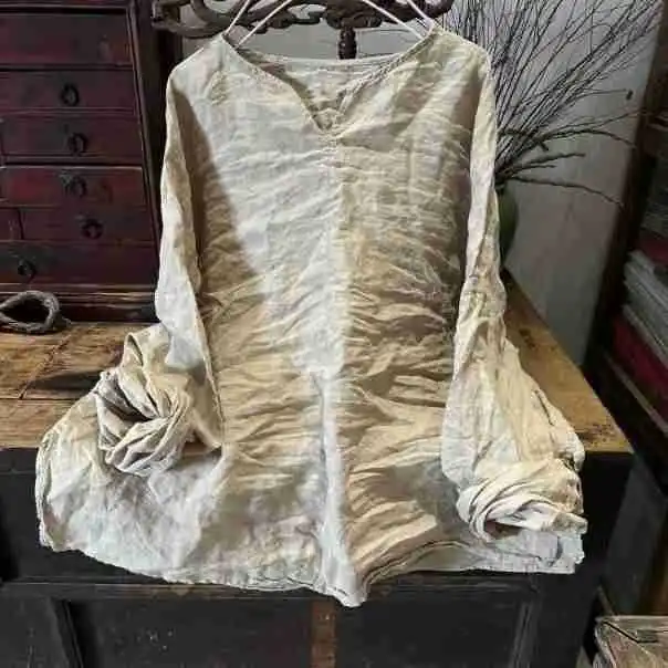 ฤดูใบไม้ผลิฤดูร้อนใหม่ศิลปะสไตล์ผู้หญิงแขนยาว V คอหลวม TShirt VINTAGE ผ้าฝ้ายลินิน TEE เสื้อ Femme Tops คุณภาพสูง 1415
