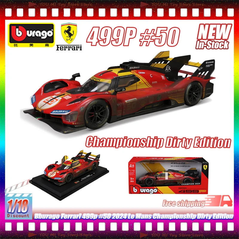 

1:18 New In Stock Bburago Ferrari 499p #50 2024 Le Mans Championship Dirty Edition Simulation Alloy Miniature Model Kid Toy Gift