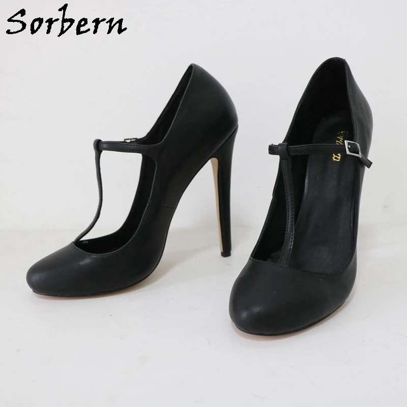 Sorbern Black Matt Real Leather Women Pumps T-Strap Round Toe High Heels Stilettos Party Footwear Custom Colors