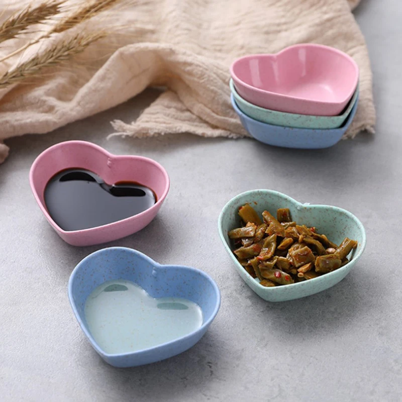 Cute Love Heart Shape Wheat Straw Bowl Vinegar Seasoning Solid Soybean Dish Sauce Salt Snack Small Plate Kitchen Supplies tools