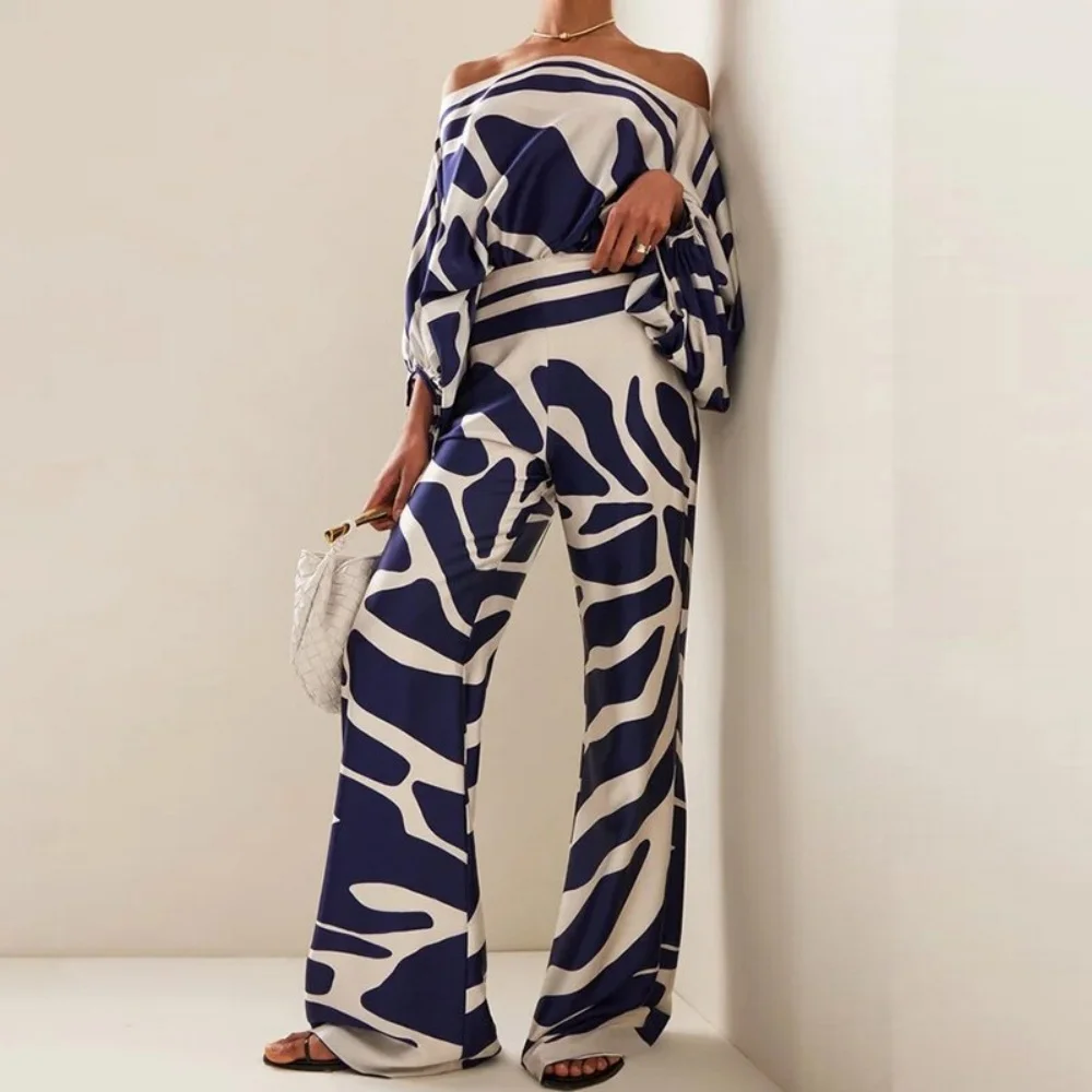 2 Piece Hollow Shoulder Tops Woman Casual Satin Print Long Pants Suit Spring Loose OL Clothes New In Matching Sets Elegant Trend