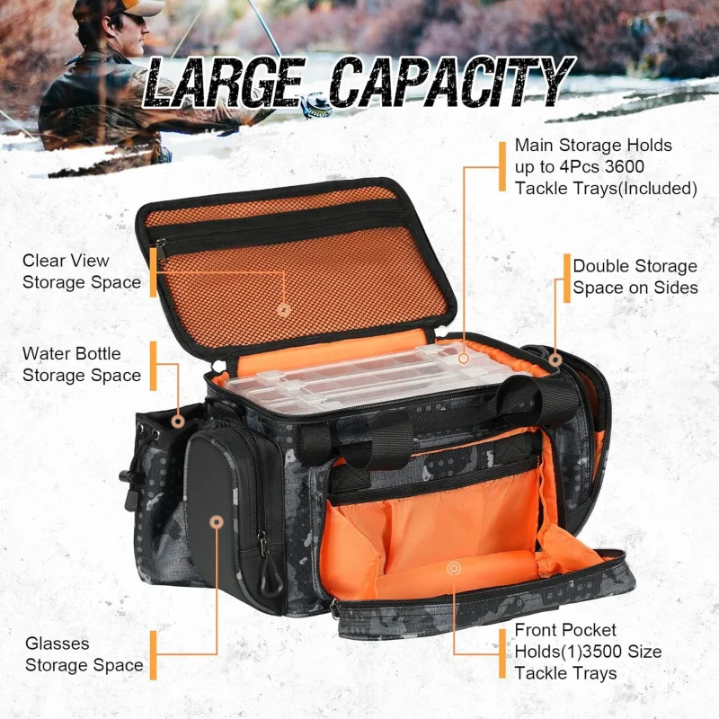 Fishing Tackle Bag, Fishing Bag Waterproof Fishing Storage Bag with 4 3600 Tackle Box, Saltwater Tackle Shoulder Bag