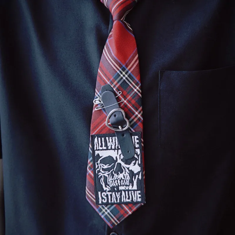 

Original Handmade Skull Love Leather Buckle Necktie Christmas Grid Tie Red Plaid Necktie