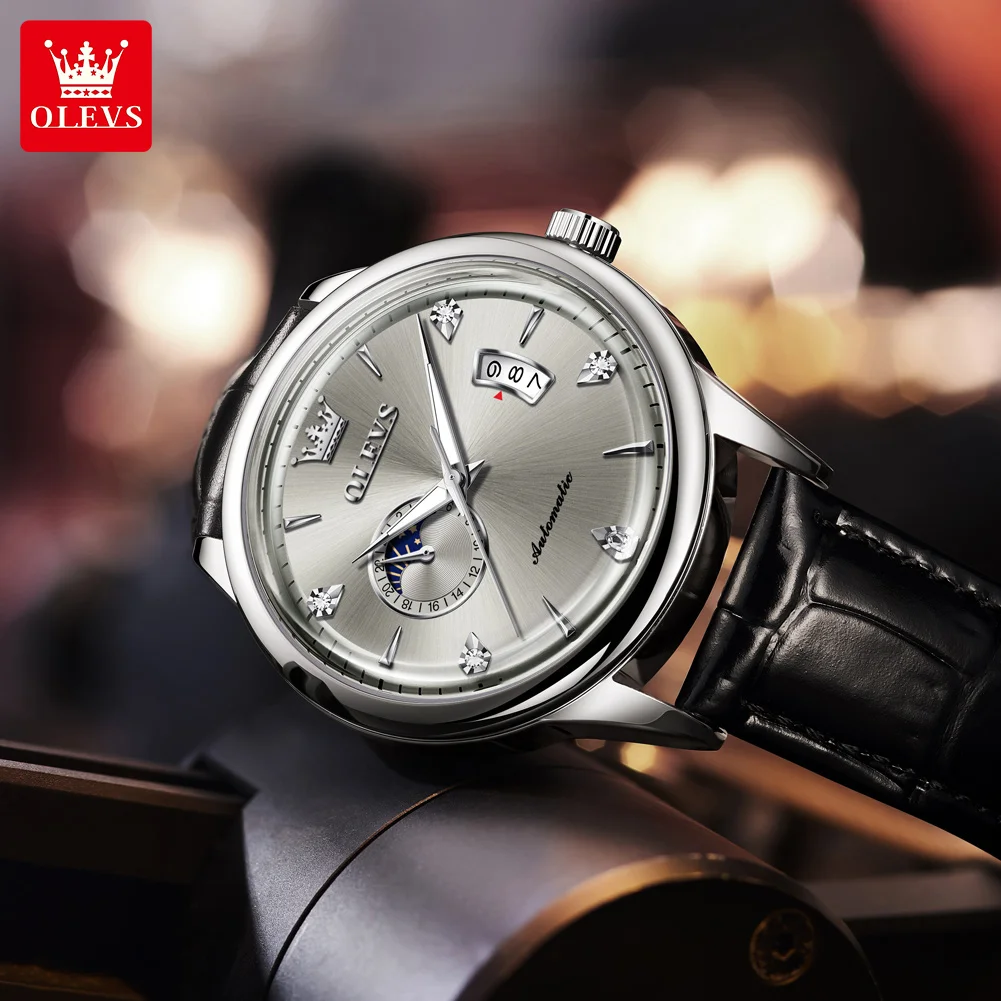 

OLEVS 7040 Mens Watch Original Mechanical Wristwatch Leather Strap Reloj Waterproof Luminous Automatic Date Watches Luxury Men