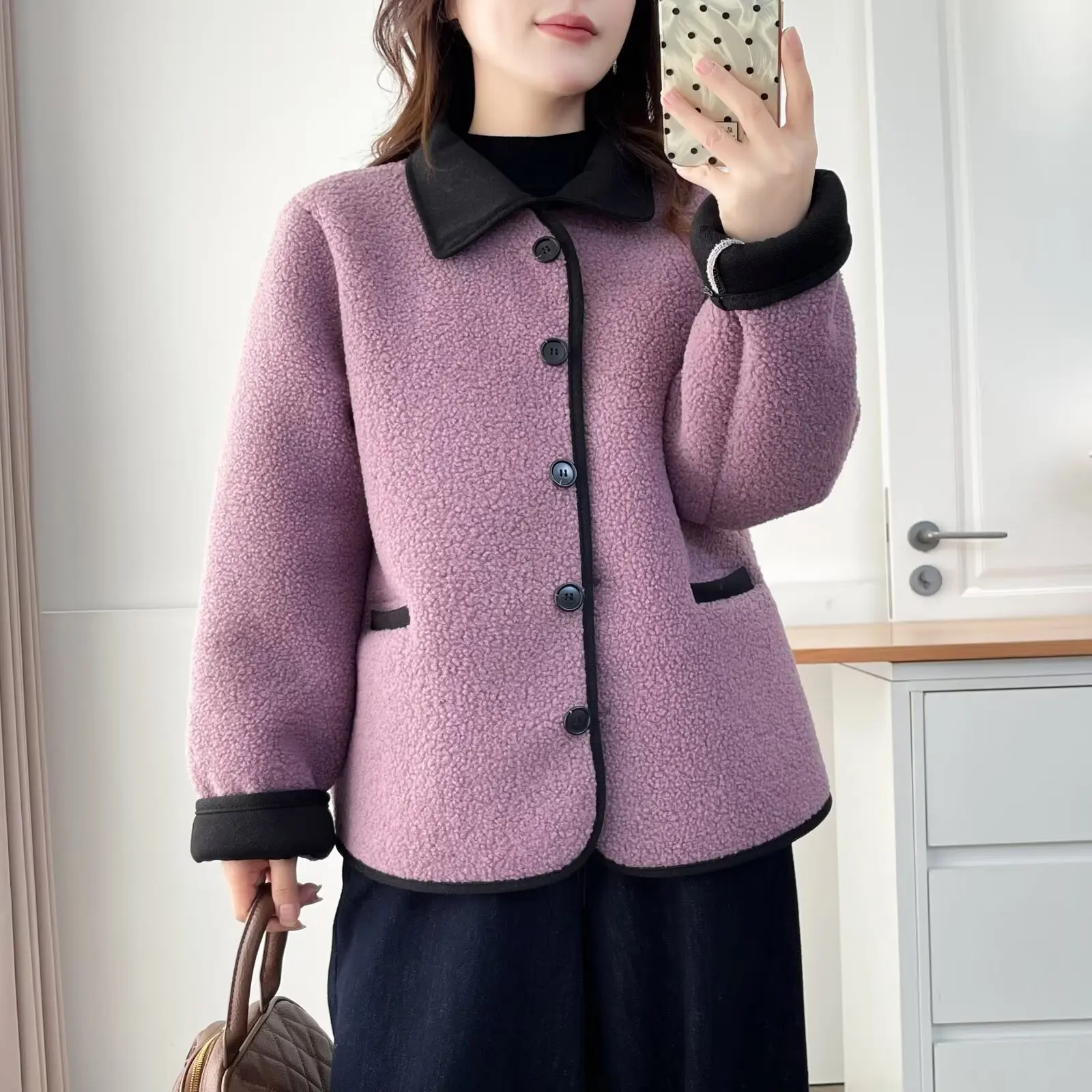 

XXXXL модная женская одежда больших размеров, парки, зимняя новая простая теплая флисовая куртка в стиле ретро с цветными лацканами 967