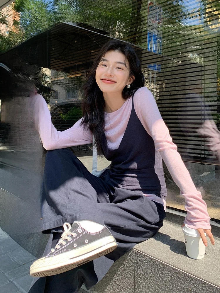 

Modern Sle Women's Casual Two-Piece Set Spring 2026 New Korean Sle Outfit Tank Top Base irt Long Sve round Ne