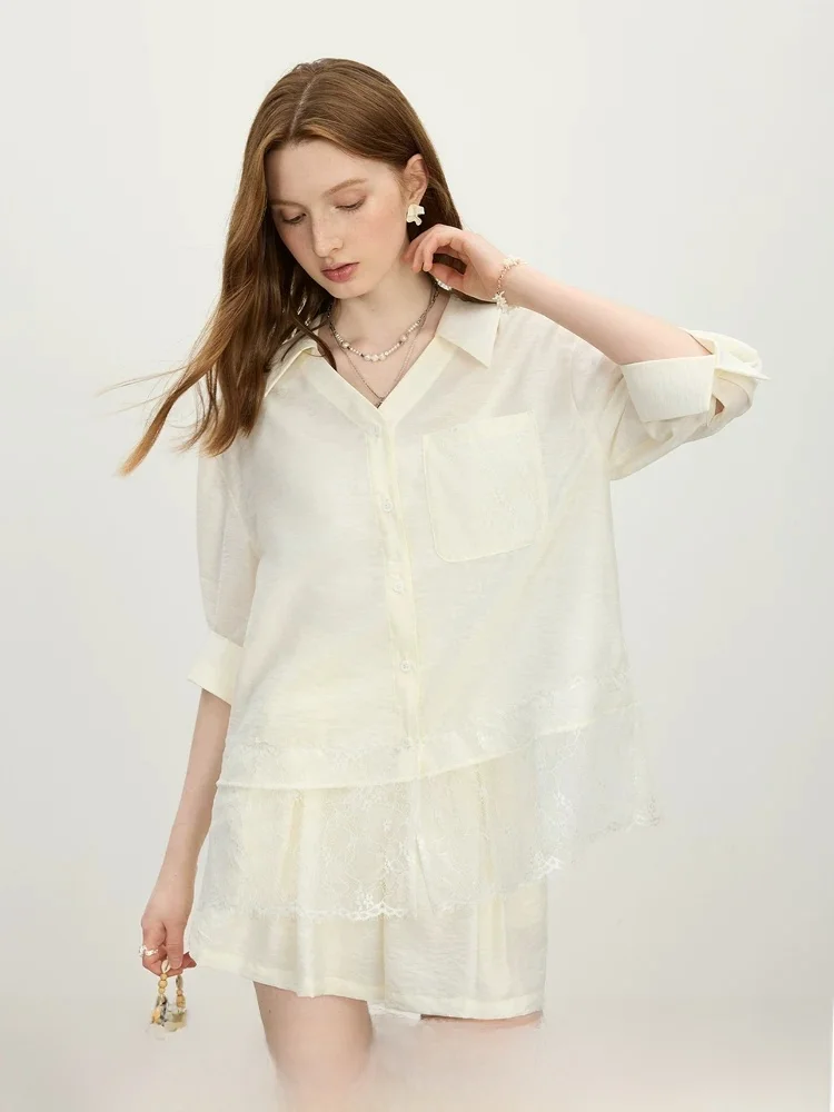 

Vivian Fan Summer New Bamboo Fiber Lace Splicing Shirt Shorts Two-Piece Set Women's Fashionable Versatile Ensemble 2685